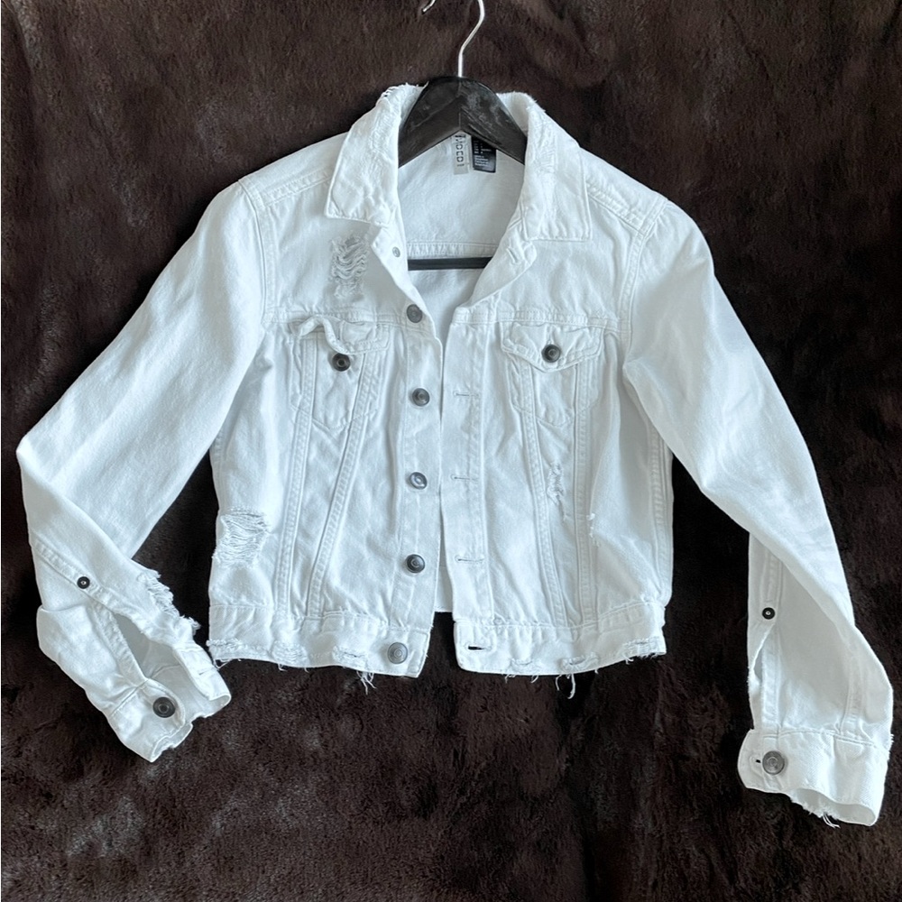 H&M White Distressed Denim Jacket